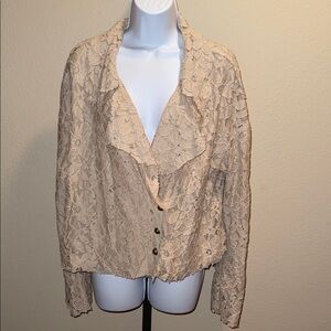 Free People Boho Oversize Amelia Lace Button Up Jacket Cream Tan Women’s Size L